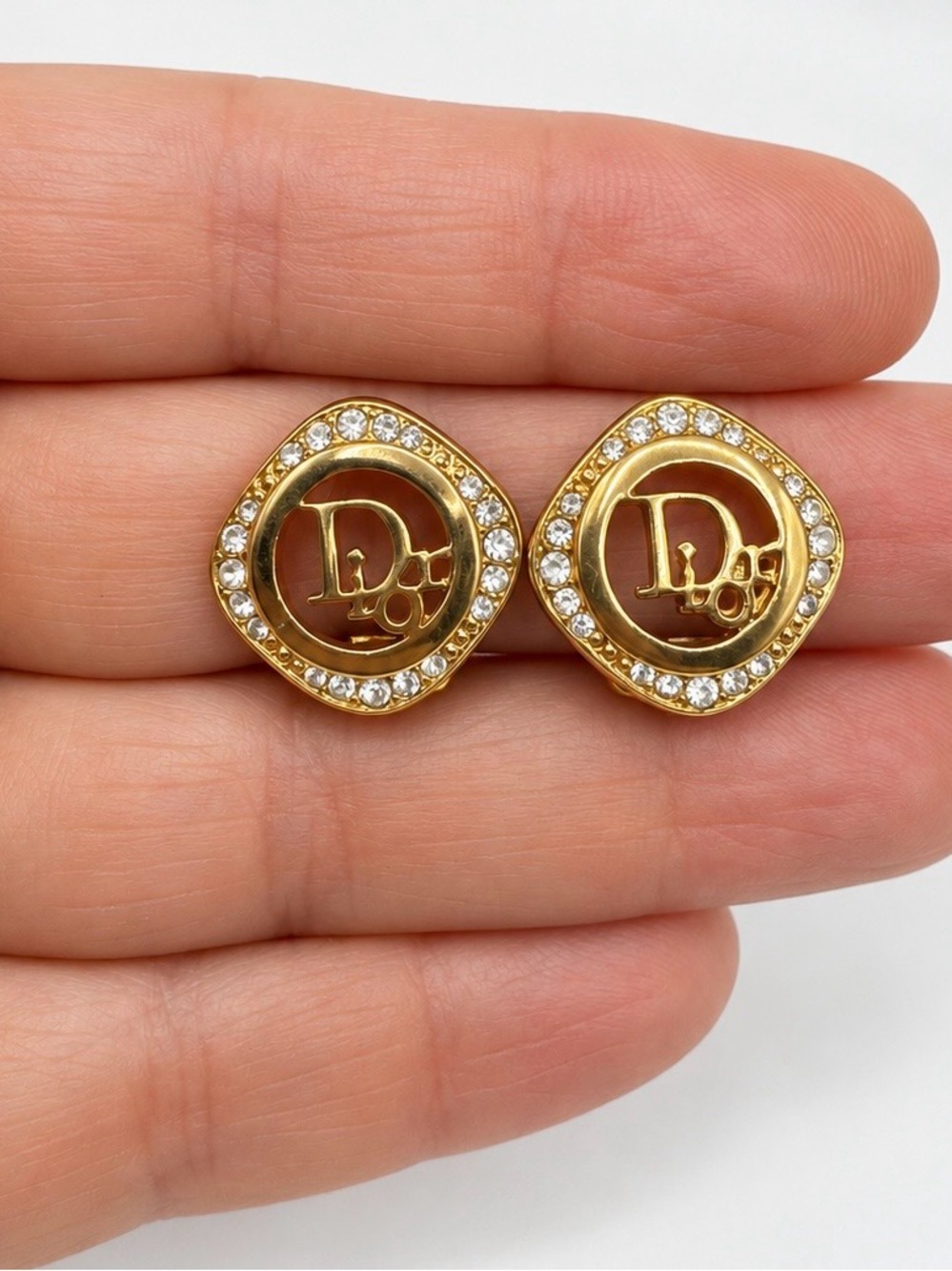 Christian Dior Earrings Vtg CD Logo Gold Plated Clip 1980s Rhinestone Germany